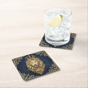 Regal Lion Design - Navy Blue & Gold Luxury Decor Square Paper Coaster