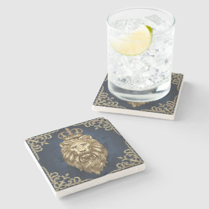 Regal Lion Design - Navy Blue & Gold Luxury Decor Stone Coaster