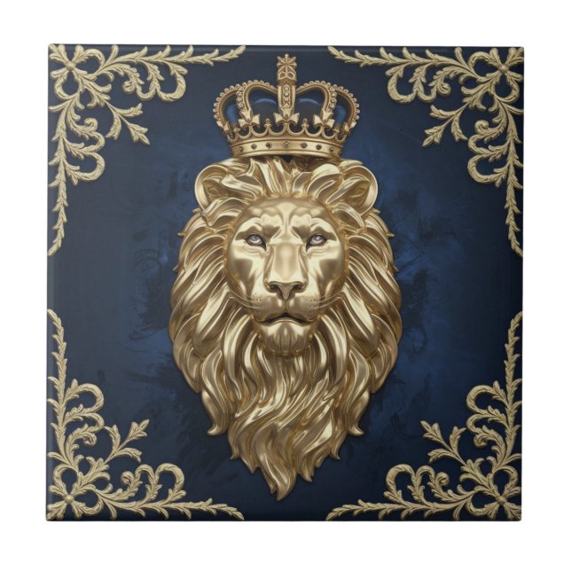 Regal Lion Design - Navy Blue & Gold Luxury Decor Tile (Front)