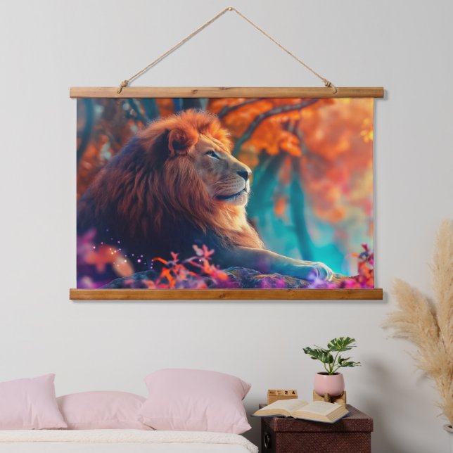 Regal Lion in Enchanted Forest Design Hanging Tapestry (Bedroom)
