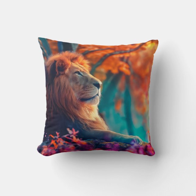 Regal Lion in Enchanted Forest Design Throw Pillow (Front)