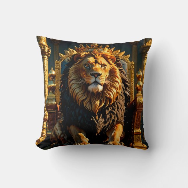 Regal Lion Wearing a Crown Throw Pillow (Front)