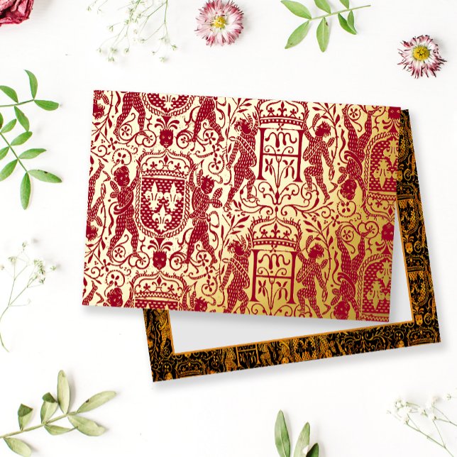 Regal Medieval Tapestry Red and Gold Elegant Foil Invitation Postcard (Creator Uploaded)