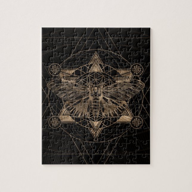 Regal moth in Sacred Geometry - Black and Gold Jigsaw Puzzle (Vertical)