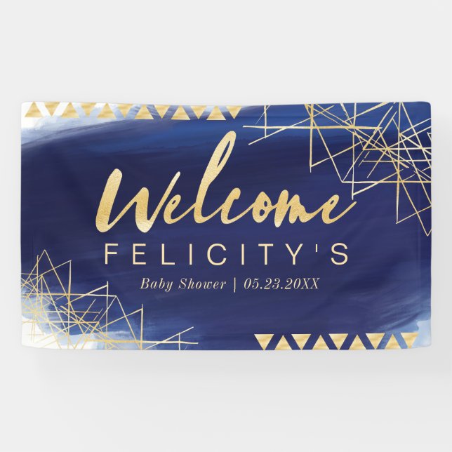 Regal Navy, Gold Watercolor Baby Shower Welcome Banner (Horizontal)