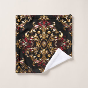 Regal Noir Pattern   Gold Scrollwork & Crimson Bath Towel Set