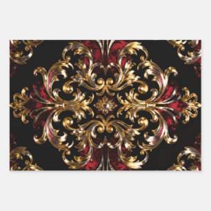 Regal Noir Pattern   Gold Scrollwork & Crimson Wrapping Paper Sheet