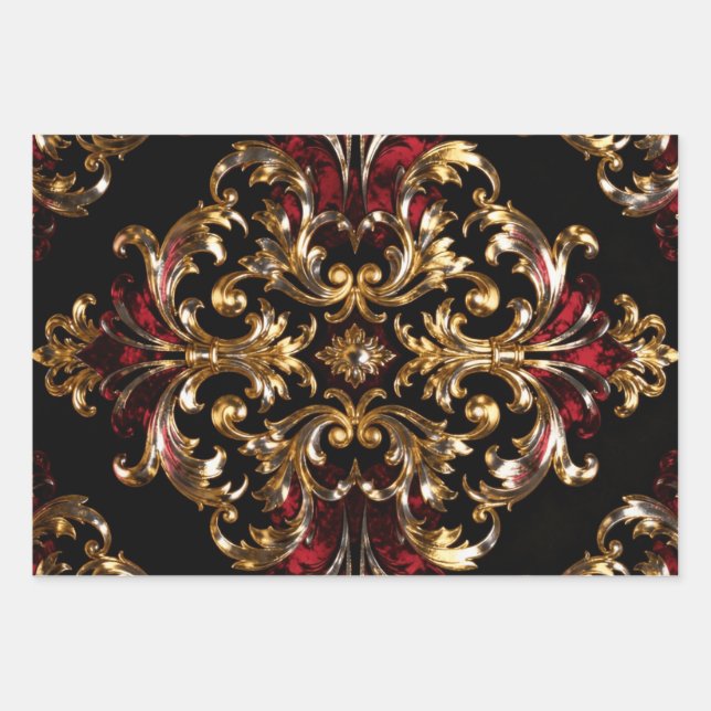 Regal Noir Pattern | Gold Scrollwork & Crimson Wrapping Paper Sheet (Front)