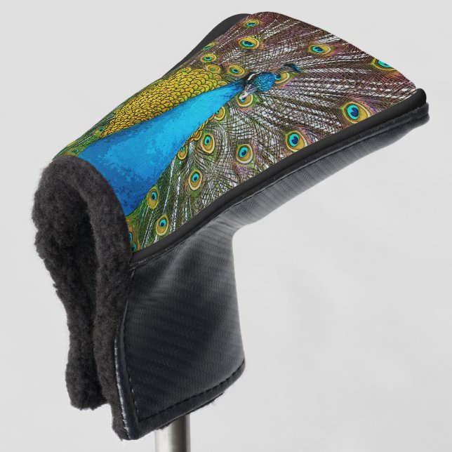 Regal Peacock Bird with Teal and Gold Plumage Golf Head Cover (3/4 Front)