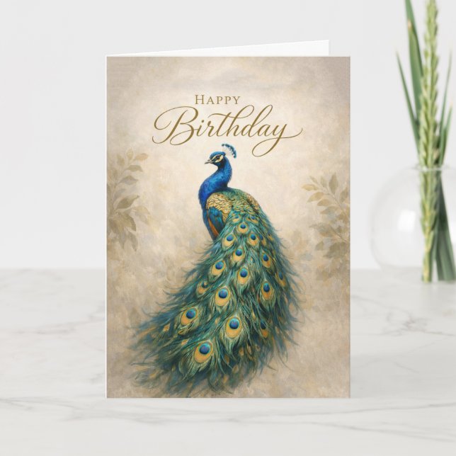 Regal Peacock Birthday Elegance Card (Front)