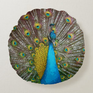 Regal Peacock with Teal Blue and Gold Plumage Round Pillow