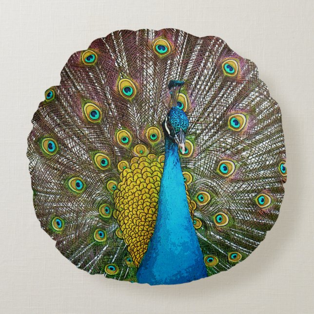 Regal Peacock with Teal Blue and Gold Plumage Round Pillow (Front)