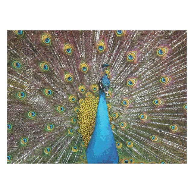 Regal Peacock with Teal Blue and Gold Plumage Tablecloth (Front (Horizontal))