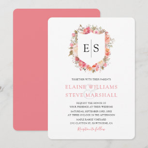 Regal Pink Floral Monogram Crest Wedding Invitation