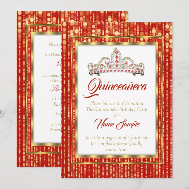 Regal Princess Red Quinceanera Gold White Invitation (Front/Back)