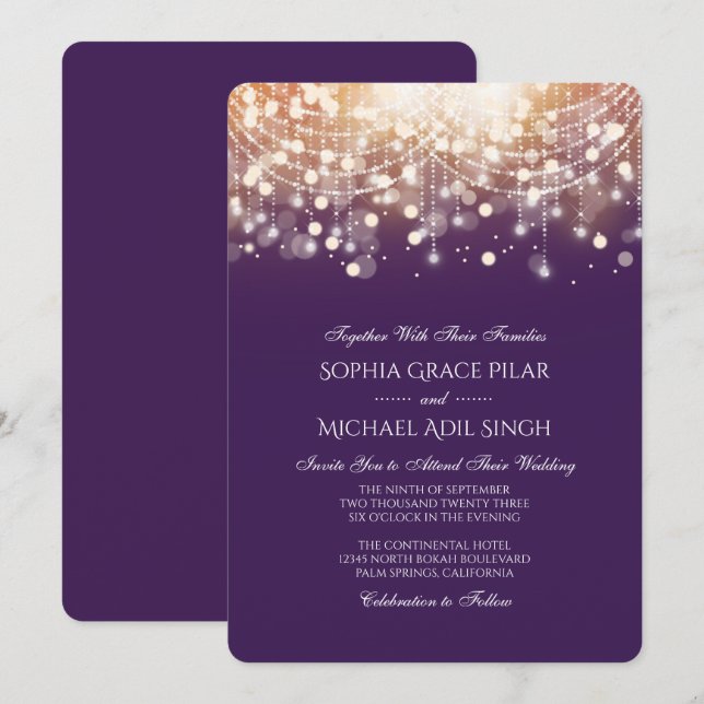 Regal Purple and Gold Bokeh Lights Invitation (Front/Back)