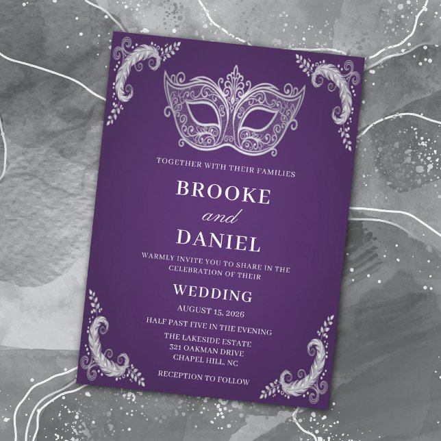 Regal Purple and Silver Masquerade Feather Wedding Invitation (Creator Uploaded)