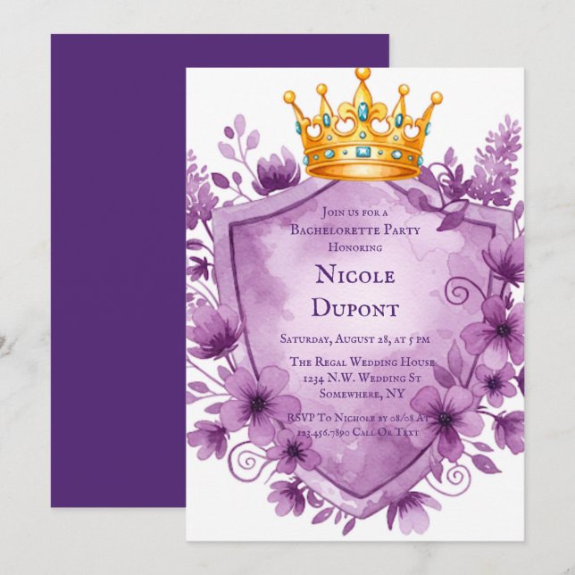 Regal Purple Floral Crest Bachelorette Party Invitation (Front/Back)