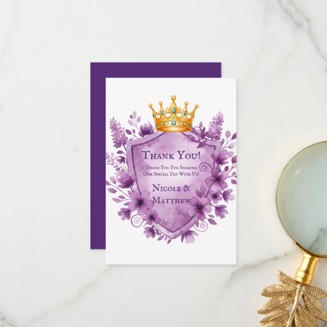 Regal Purple Floral Crest Bridal Shower Thank You Card (Front/Back In Situ)