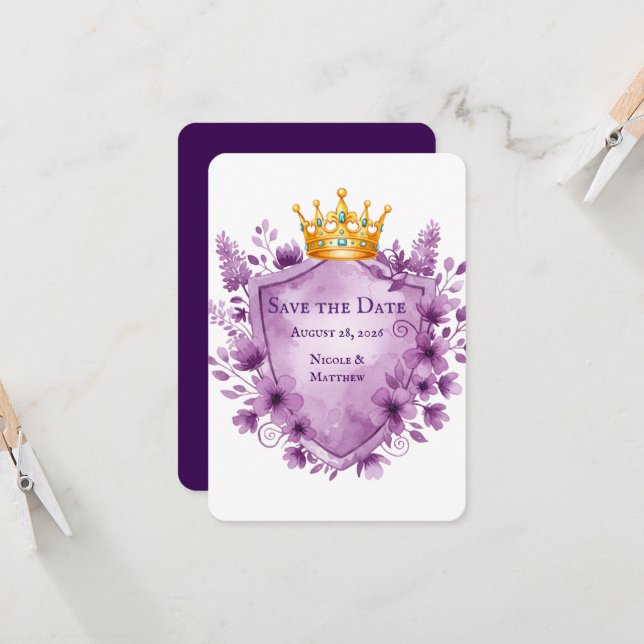 Regal Purple Floral Crest Wedding Save the Date (Front/Back In Situ)