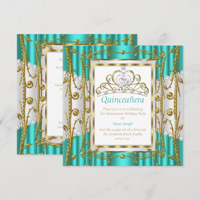 Regal Quinceanera 15th Teal Jade Gold White Tiara Invitation (Front/Back)