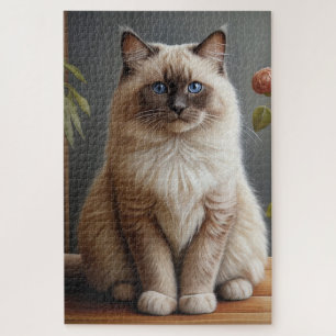 Regal Ragdoll Cat Portrait Fluffy Blue Eyed Jigsaw Puzzle