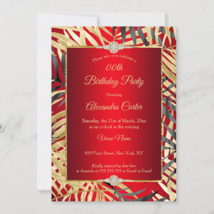 Regal Red Grey Gold Palms Diamond Birthday Party Invitation
