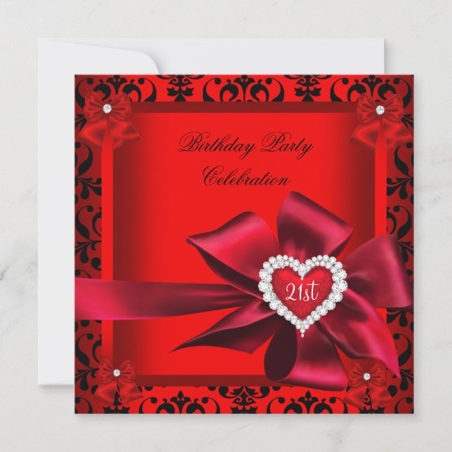 Regal Red Heart Damask 21st Birthday Party Invitation (Front)