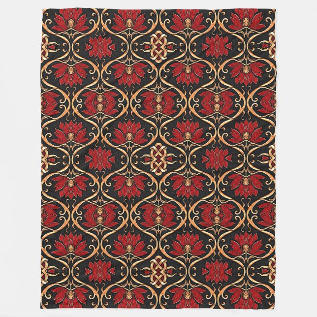 Regal Red Lotus & Golden Filigree Pattern Fleece Blanket (Front)
