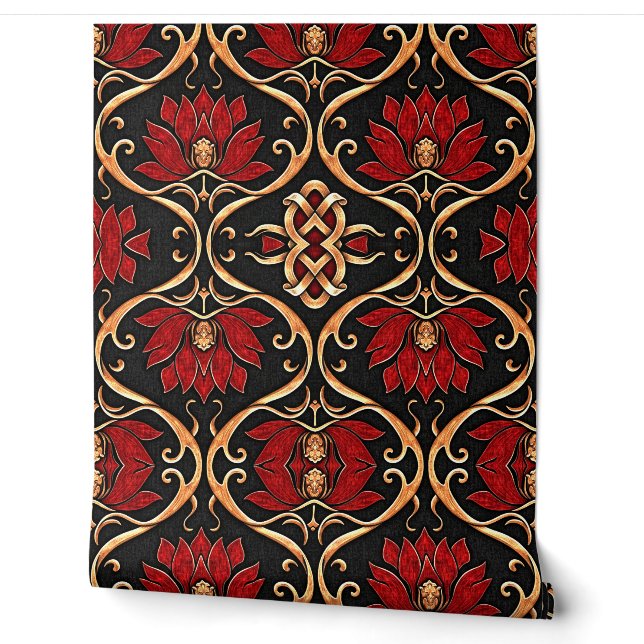 Regal Red Lotus & Golden Filigree Pattern Wallpaper (Unrolling)