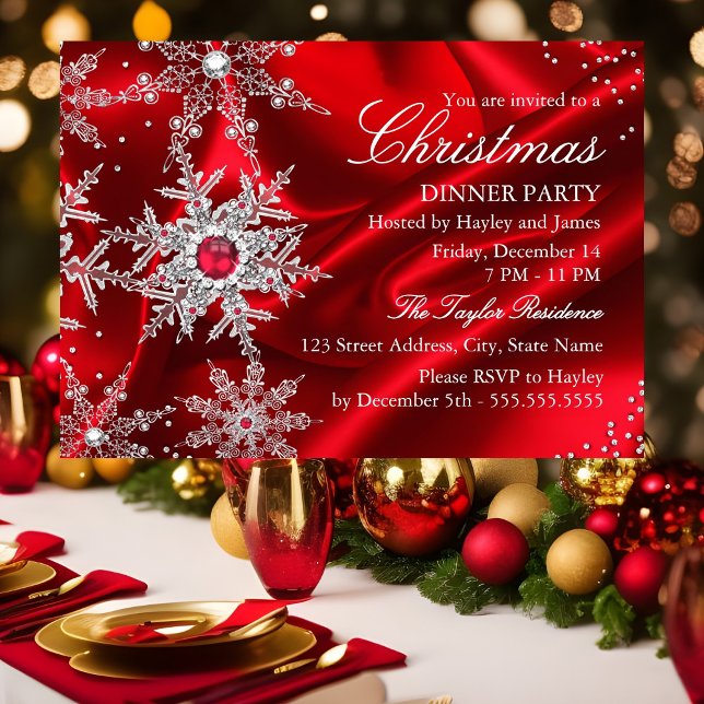 Regal Red Pearl Snowflake Christmas Dinner Party Invitation (Creator Uploaded)