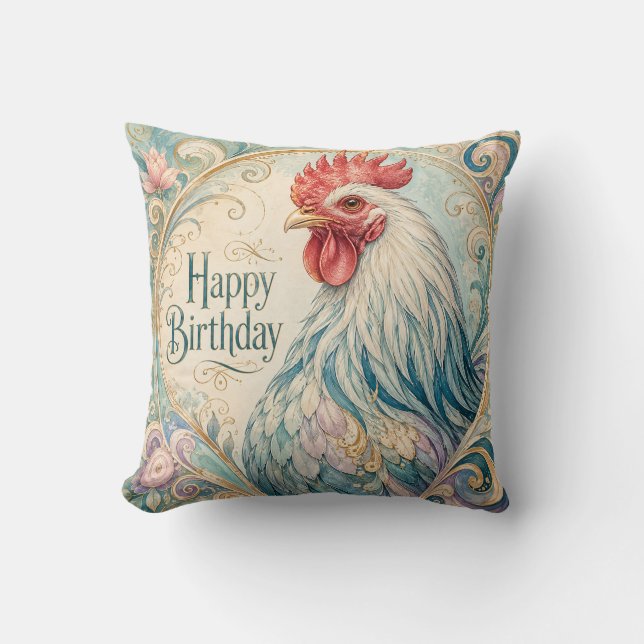 Regal Rooster Birthday Flourish Throw Pillow (Front)