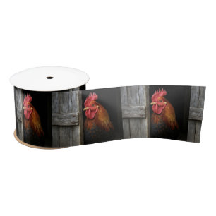 Regal Rooster Peeking Around Barn Door Satin Ribbon