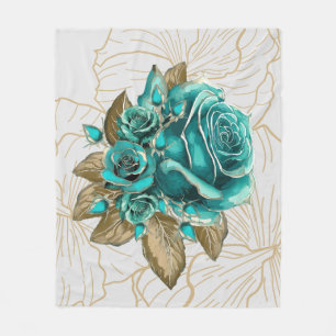 Regal Roses in Teal and Gold: Ivory Symphony Fleece Blanket