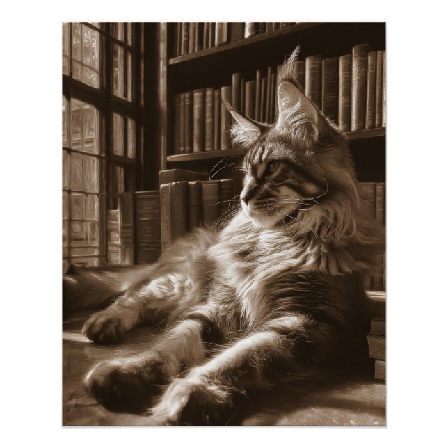 Regal Sepia Maine Coon Library Cat Art Poster (Front)