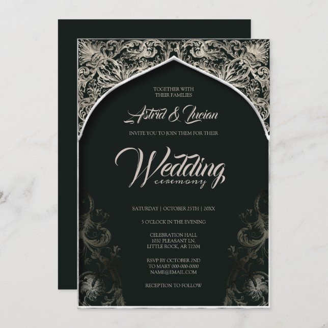 Regal Silver Flourish Hunter Green Wedding Invitation (Front/Back)
