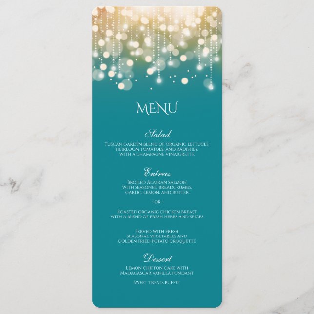 Regal Turquoise and Gold Bokeh Lights Menu (Front)