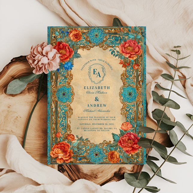 Regal Turquoise and Rose Bloom Wedding Invitation (Creator Uploaded)