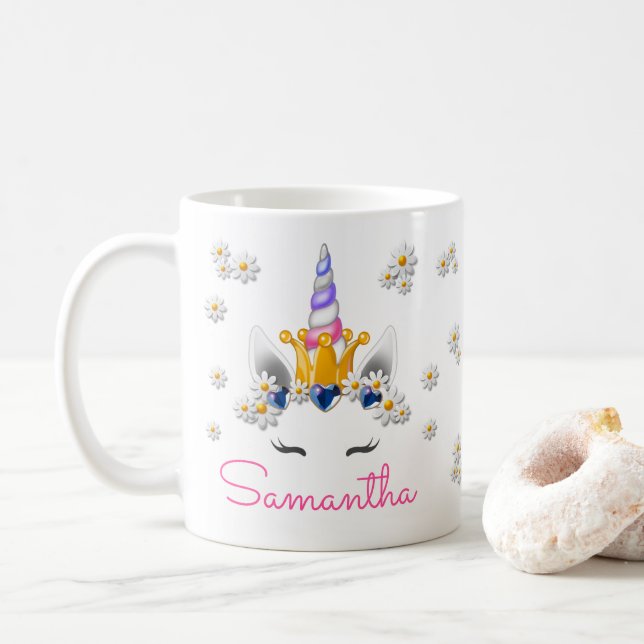 Regal Unicorn Princess Crown Rhinestones & Daisies Coffee Mug (With Donut)