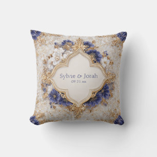 Regal Victorian Blue and Gold Floral Elegance Throw Pillow