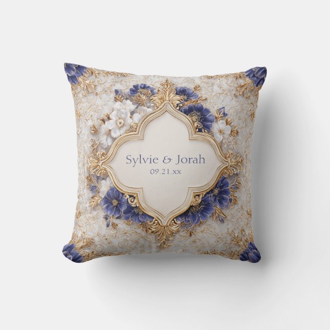 Regal Victorian Blue and Gold Floral Elegance Throw Pillow (Front)