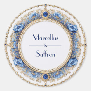 Regal Victorian Sapphire Blue Gold Jewelled Weddin Classic Round Sticker