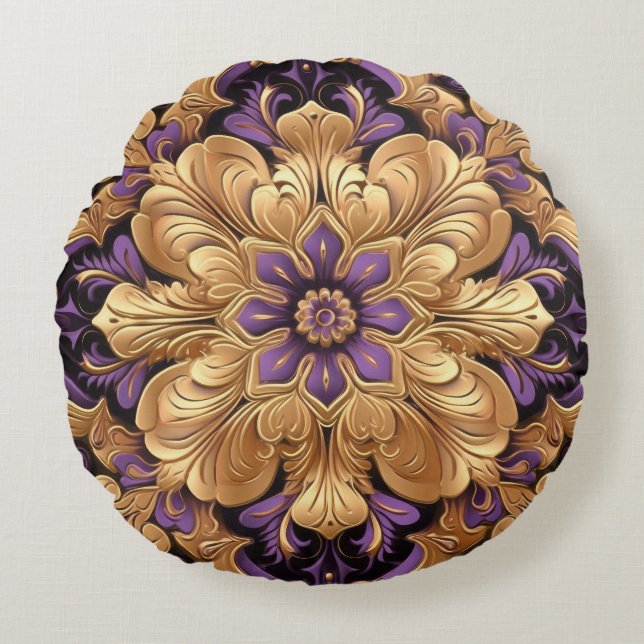 Regal violet et or Floral Coussin rond (Devant)