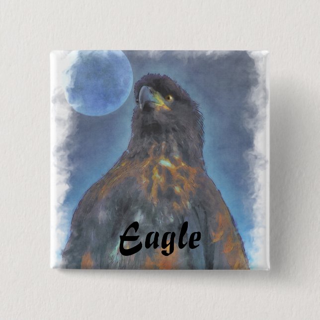 Regal Young Bald Eagle and Moon Painting 2 Inch Square Button (Front)