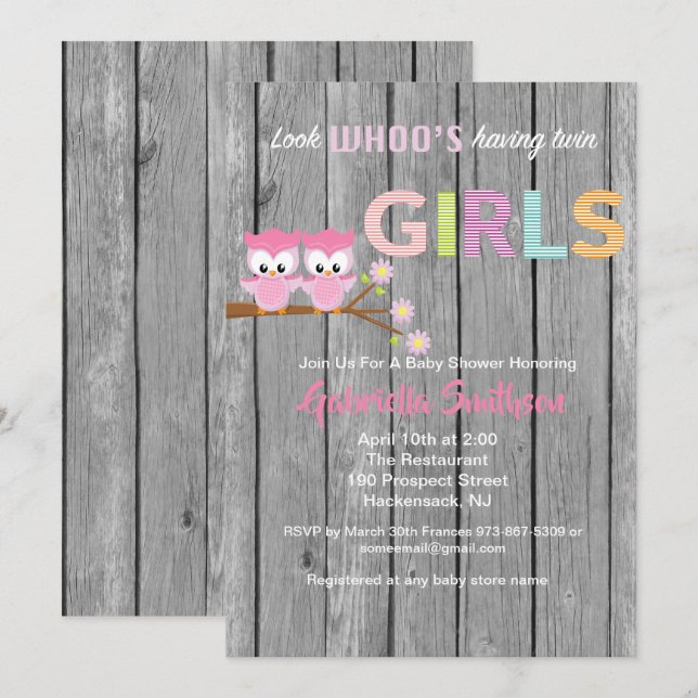 Regardez qui a la carte Baby shower Twin Girls (Devant / Derrière)