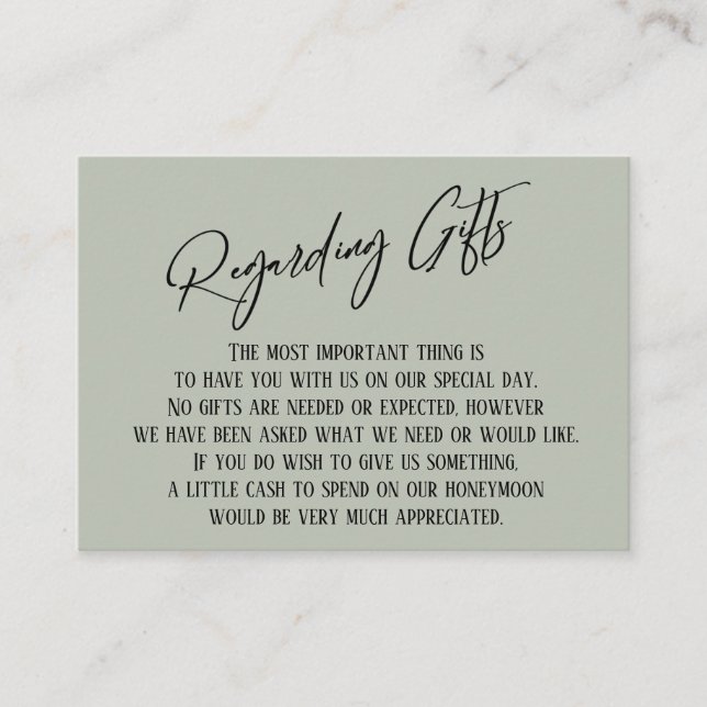 Regarding Gifts Modern Handwriting Simple Sage Enclosure Card (Front)
