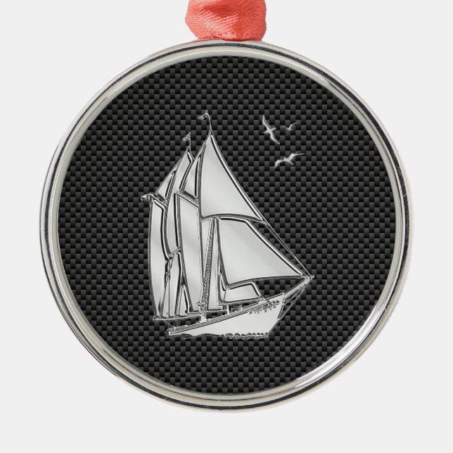 Regatta Sailboat on Carbon Fiber Style Metal Ornament (Front)