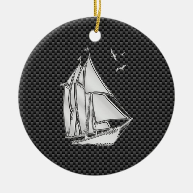 Regatta Sailboat on Carbon Fibre Style Ceramic Ornament (Front)
