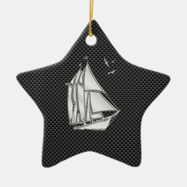 Regatta Sailboat on Carbon Fibre Style Ceramic Ornament (Front)