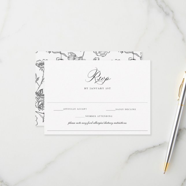 Regency Black Allergy Diet Restriction Wedding RSVP Card (Front/Back In Situ)